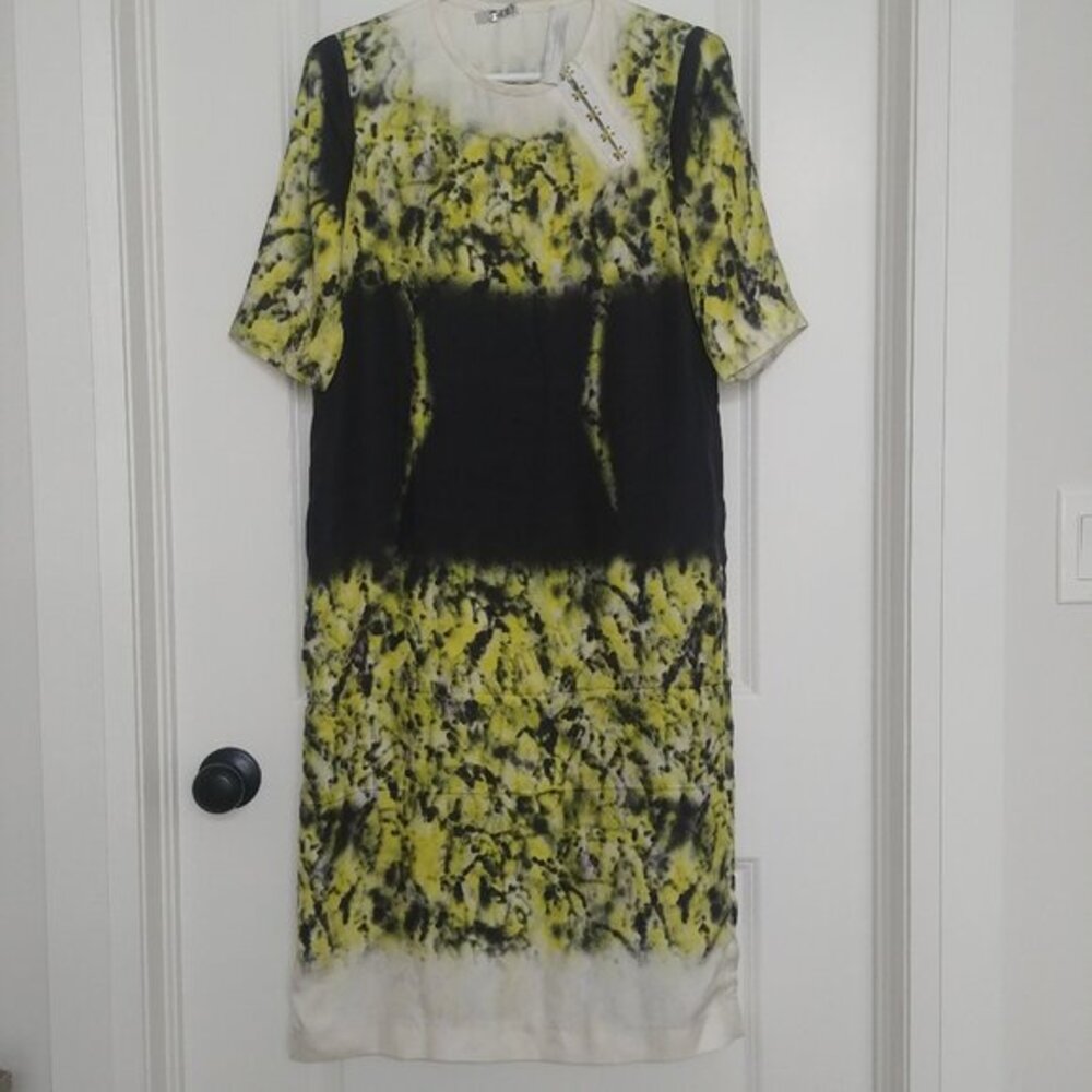 Proenza Schouler dress silk black green ivory abstract dress hook eye ne…